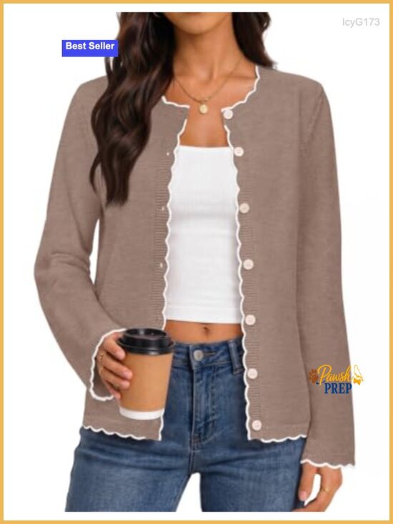 Sweaters - Merokeety Women's Fall Cardigan Sweater Trendy Long Sleeve Open Front Scalloped